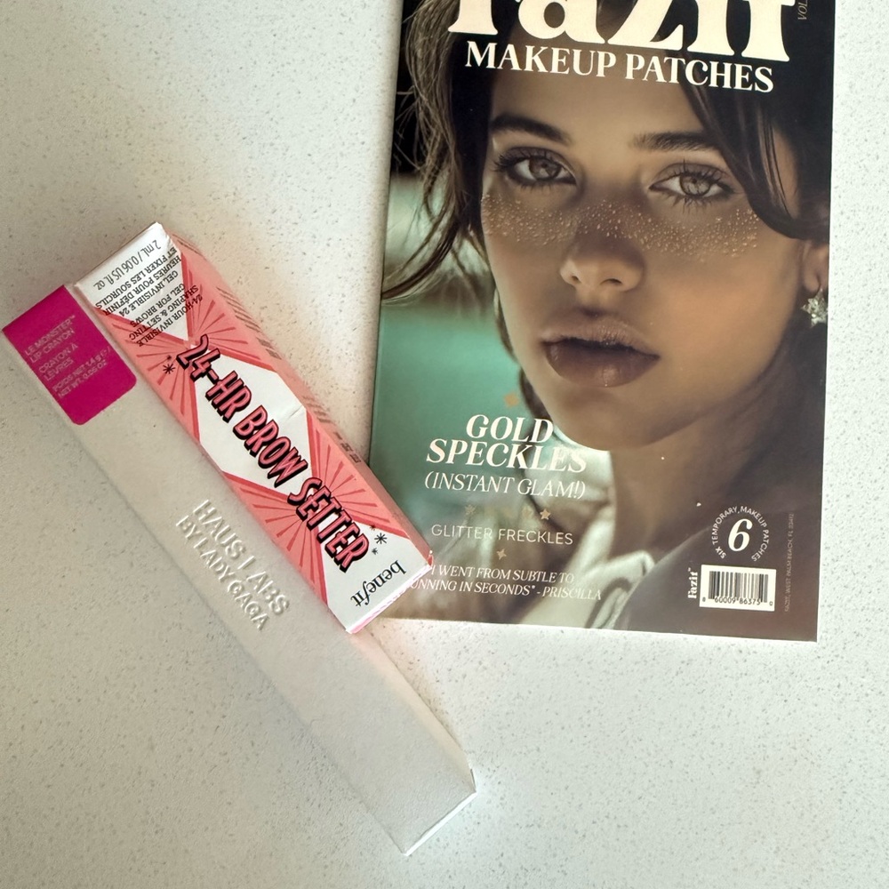 24-Hr Brow Setter Benefit- Clear, fazit freckles and Haus pink shiny eyeliner.